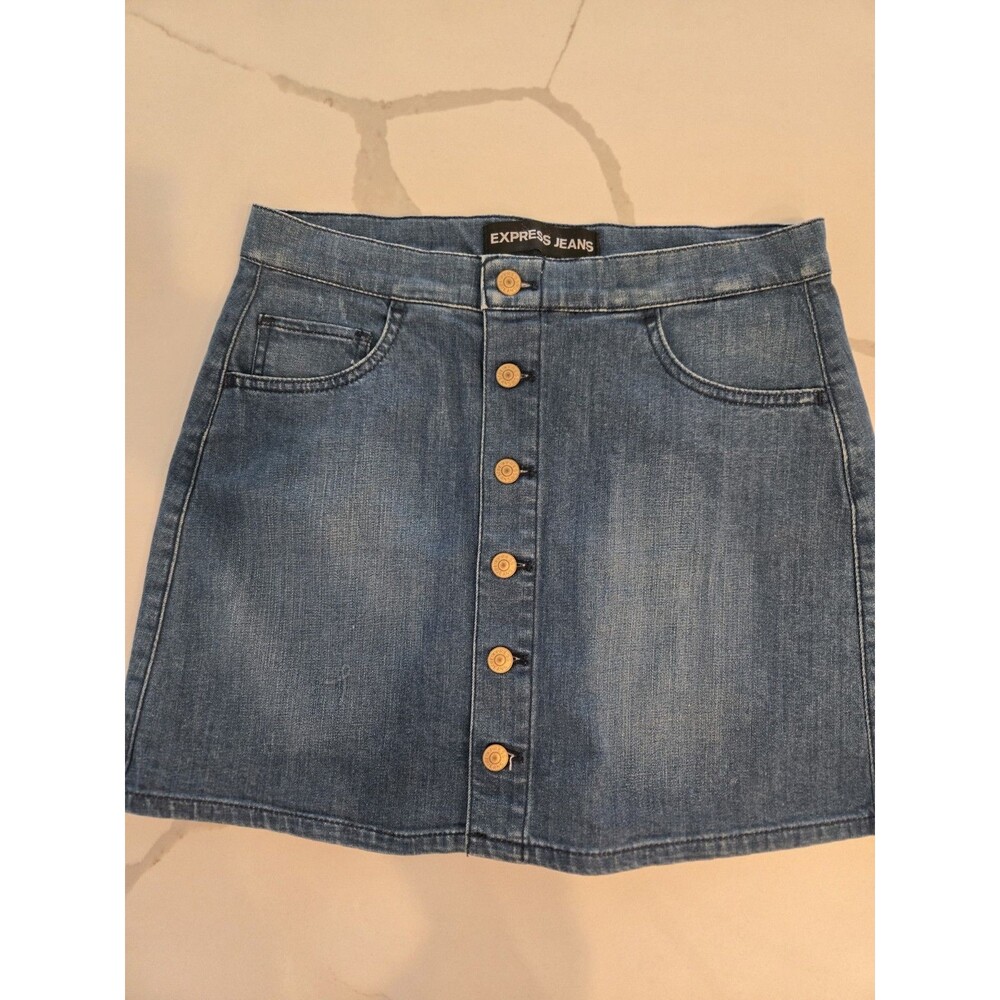 Express Jeans Denim Mini Skirt Button Front Medium Wash High Waist Jean Skirt 8